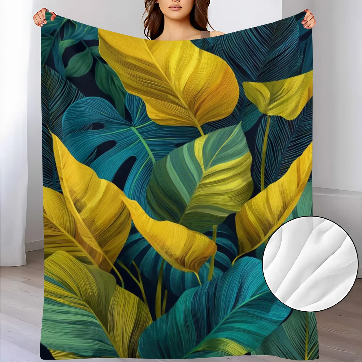 Exotic Tropical Foliage Blanket Bright Yellow Deep Cyan Monstera Palm Leaves Jungle Botanical Pattern Soft Flannel Throw Blanket