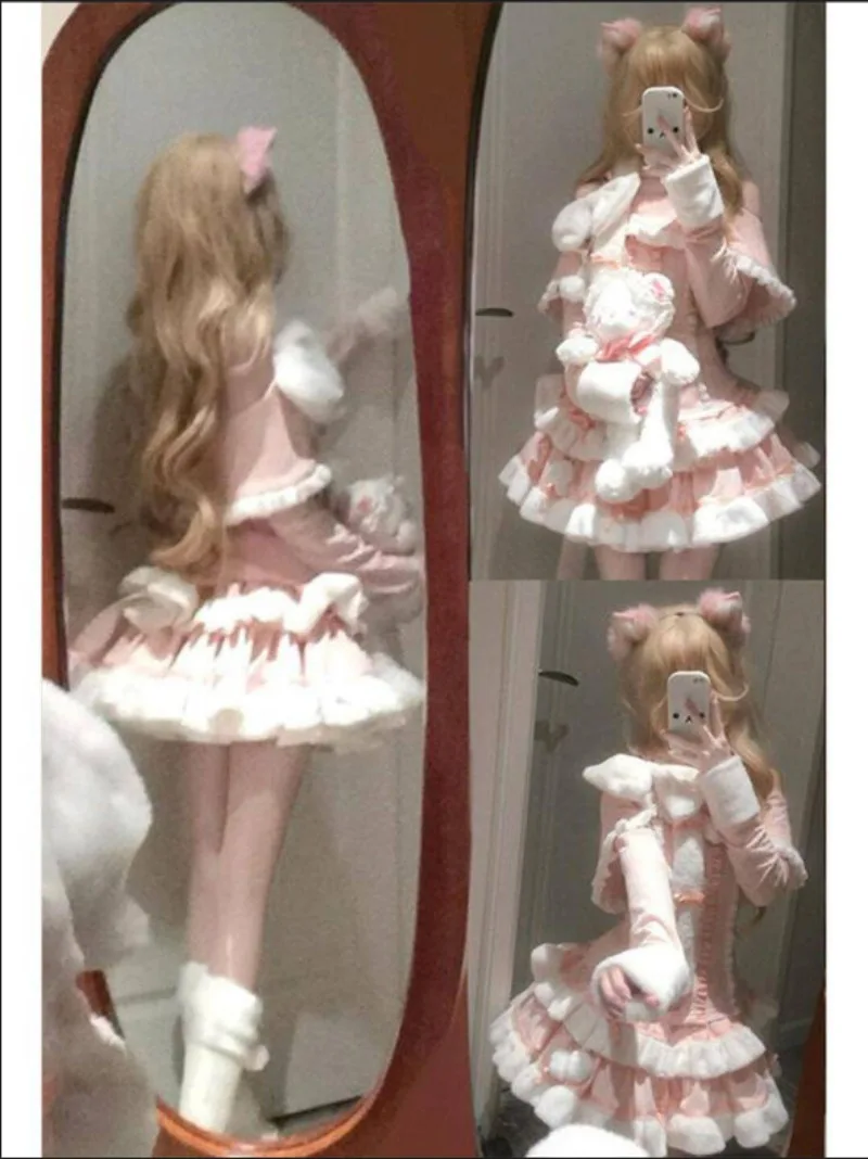 Winter Christmas Pink Bow Skirt Sets Sweet Girl Cute Slimming Top+Cake Skirt Two Piece Sets Kawaii Girls New Clothes