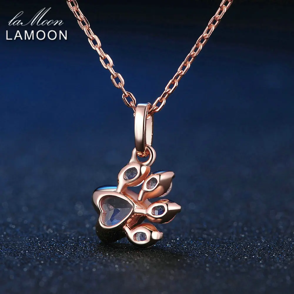 LAMOON Bear\'s Paw Pendant 925 Sterling Silver Necklace Natural Rose Quartz Gemstone Jewelry Rose Gold Chain Necklaces LMNI027