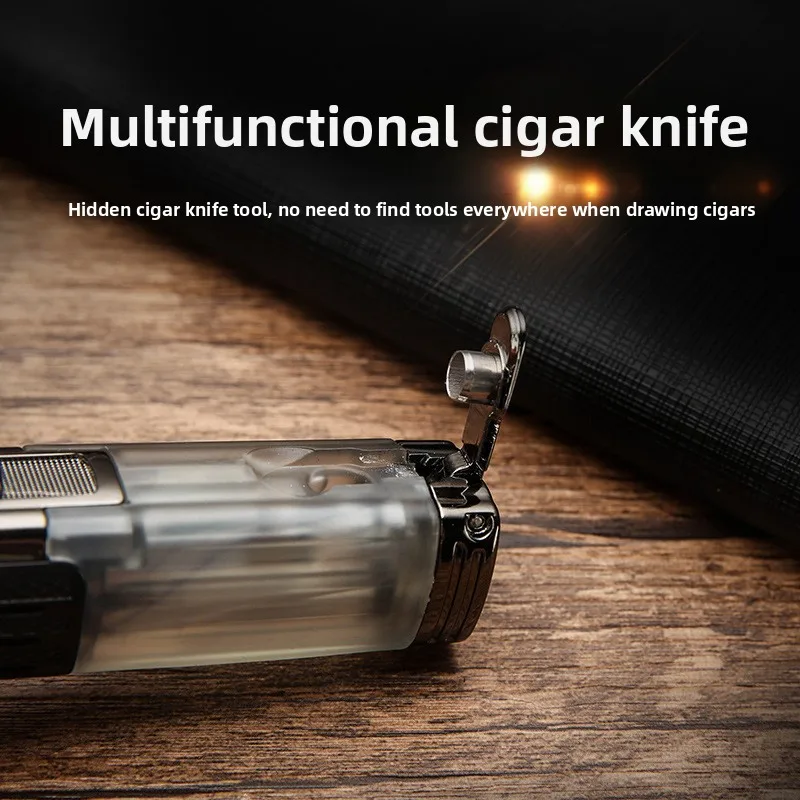 Multifunctional men's cigar cigarette accessories circulation and air three straight-pull blue flame lighter with cigar knife