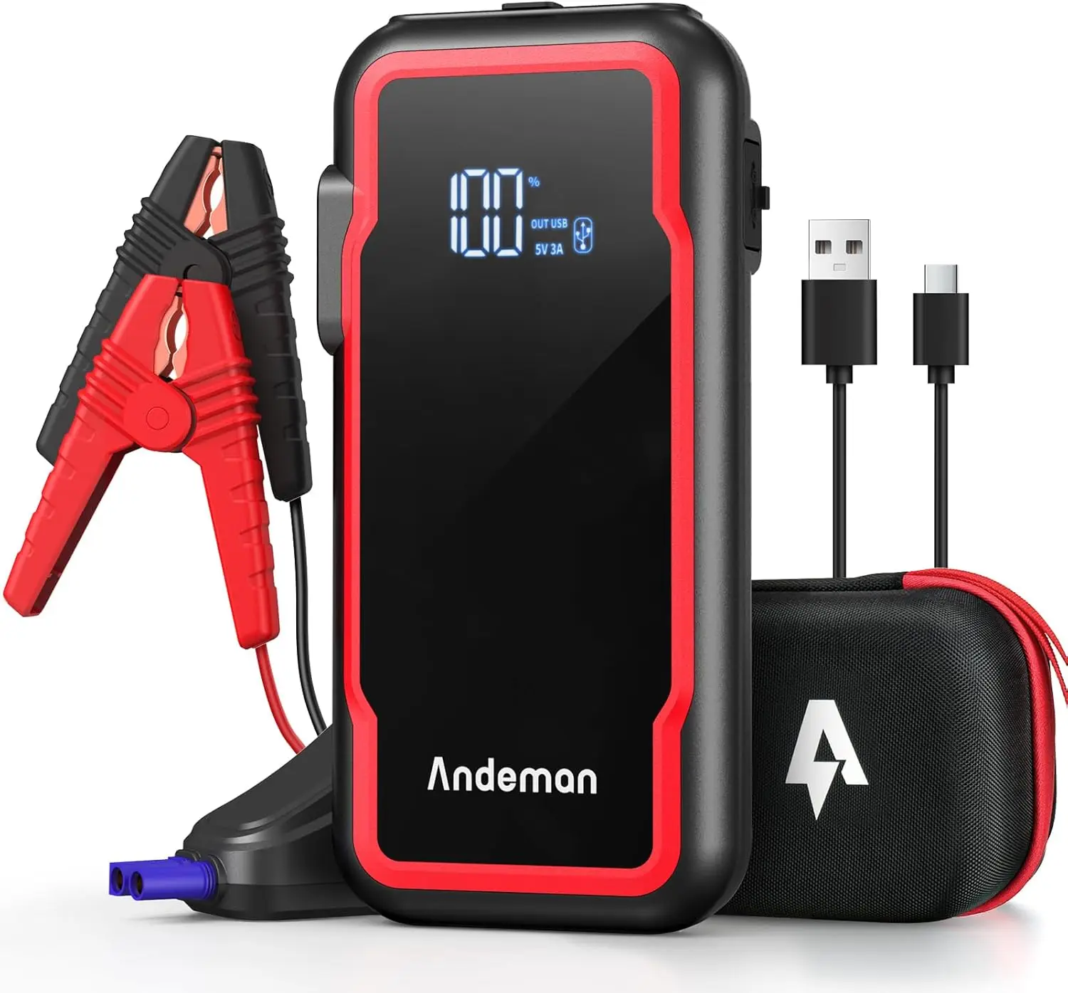 

3000A Peak 20000mAh Car Jump Starter for 9L Gas/7L Diesel Engines, 12V Jumper with Quick Charge Type-C Ports, Red