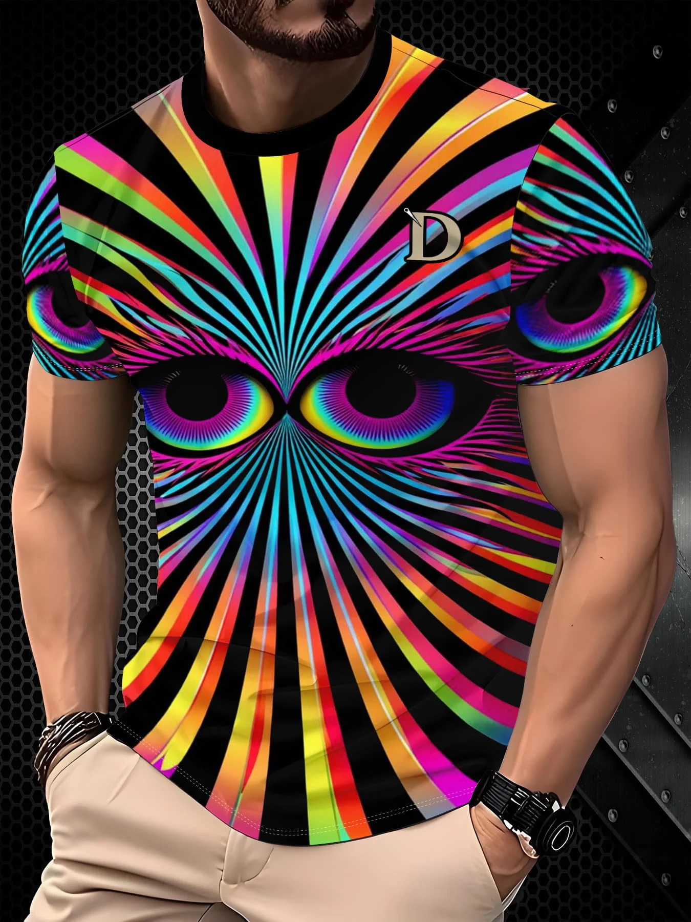 Men Black Background Rainbow Radiant Line Colorful Evil Eye Small Letter D Logo Print Crew Neck Short Sleeve T-shirt