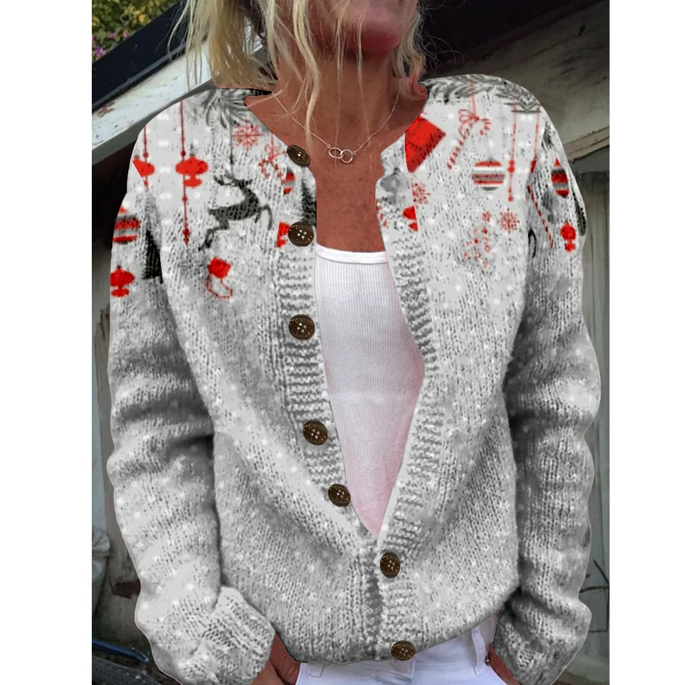 Christmas Women Cardigan Knitted Sweater Long Sleeve Jumper Cardigans Casual Streetwear Fashion Silver Color Coat