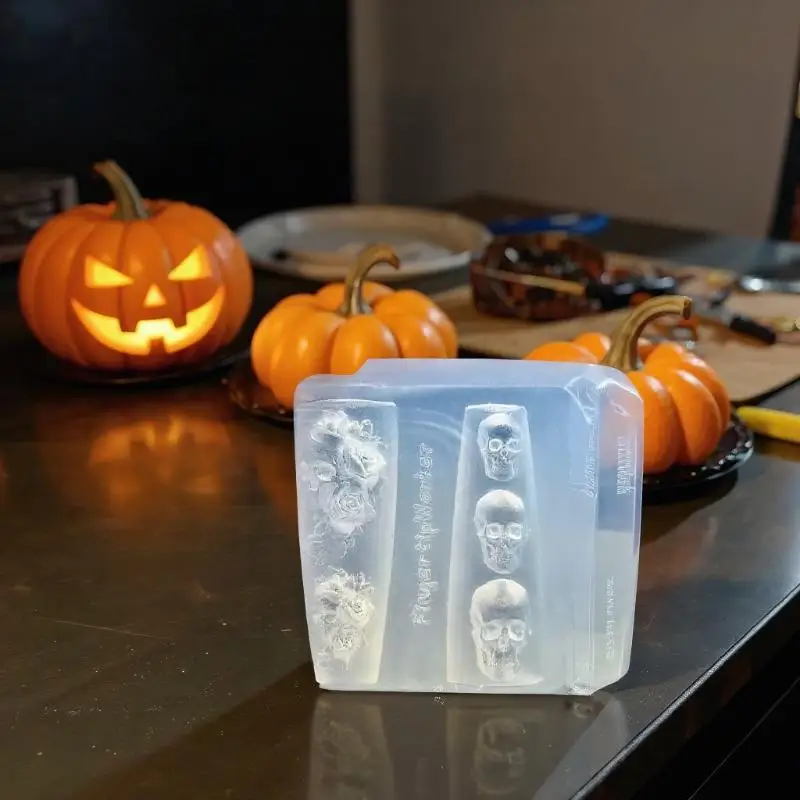 قوالب فنية للأظافر من السيليكون DIY بتصميم زهرة الورد والجمجمة، قوالب نحت شفافة لتقليم الأظافر الفريدة