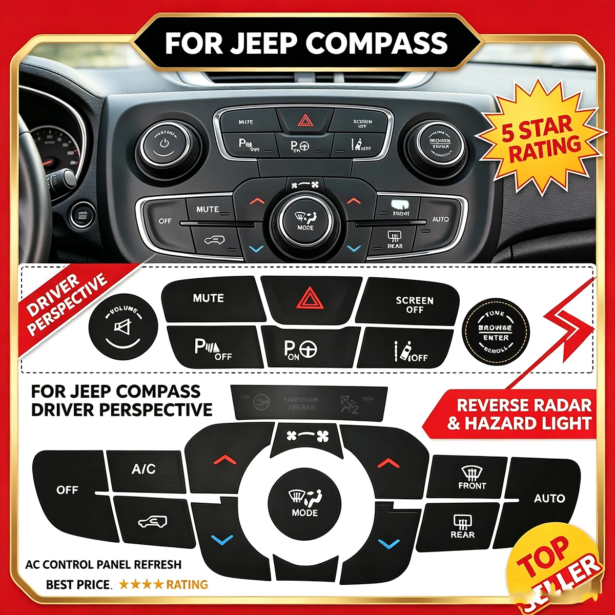 For Jeep Compass MP AC Dash Button Repair Decal - Reverse Radar Hazard Light Sticker, Faded Climate Control Fix