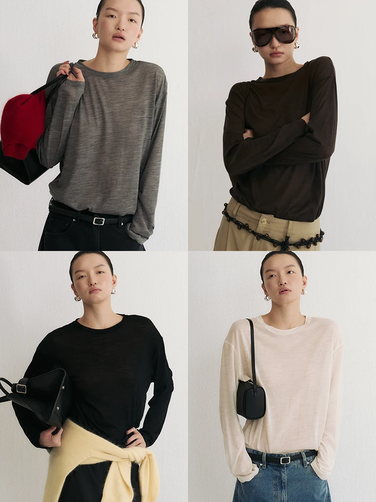 

00% Pure Wool Knitted Long Sve round Ne T-irt Women's Zero avi Wool T Classic Casual Summer Top Soft Comfortable