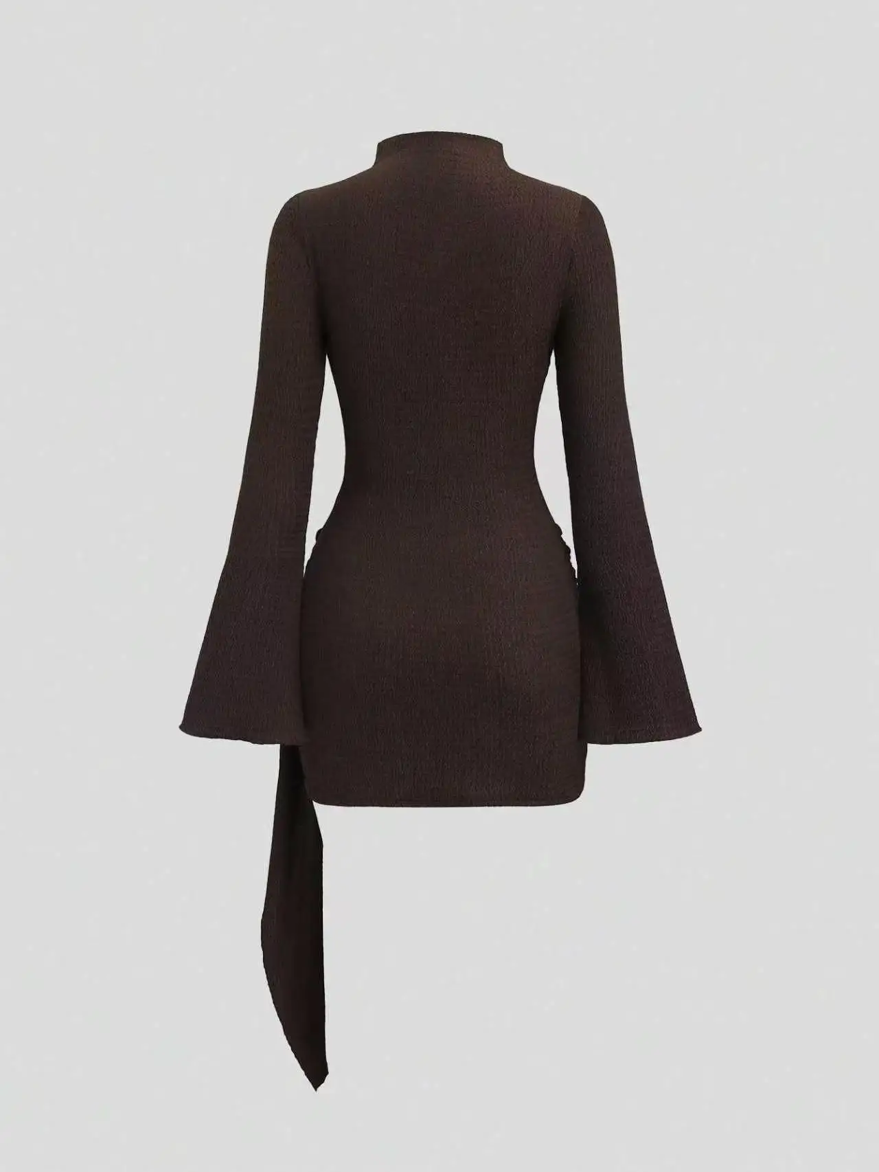 Women Minimalist High Neck Dress Wavy Texture Fabric Flare Sleeve Metal Buckle Waist Ruched Slim Elegant Dress
