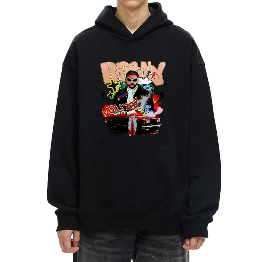 

Hot Bad Bunny Rapper Most Wanted Tour 2024 print Hoodie Men Women vintage hip hop streetwear Unisex Fleece Long sleeve pullovers