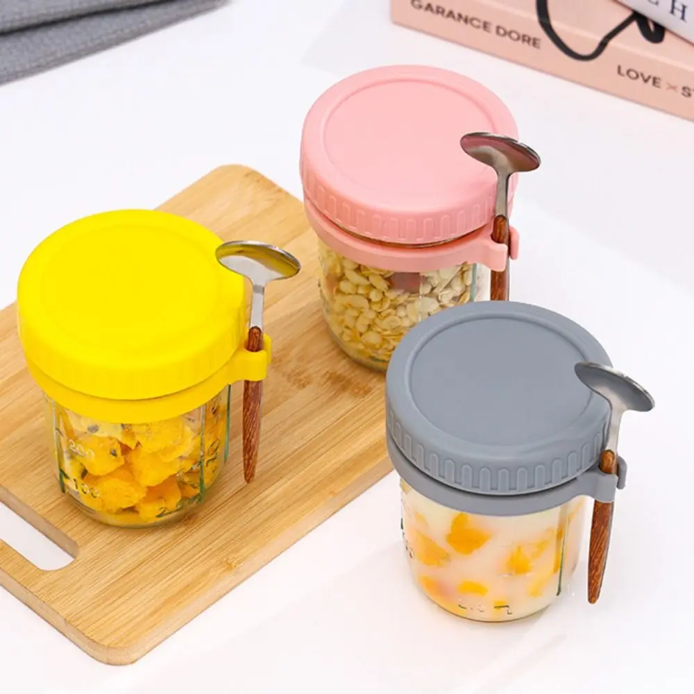 Tarros de avena con tapas y cucharas, botellas de vidrio de 16 oz, contenedores de yogur, tarros de almacenamiento de cereales con tapas