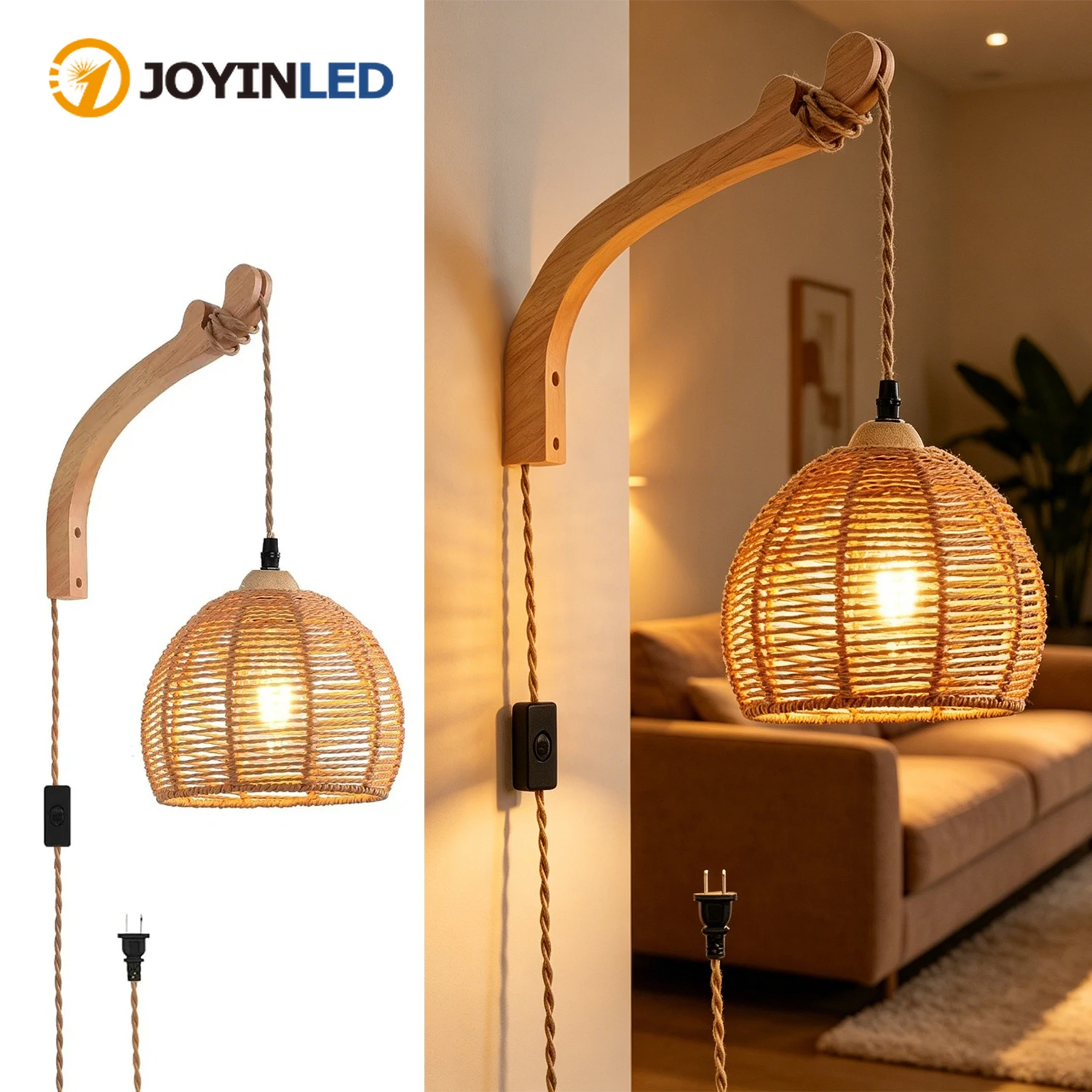 Plug in LED Rattan Wall Lamp Bedroom Living Room Woven Light Bedside Lamps E27 Retro Hemp Rope Light Home Decoration Fixtures