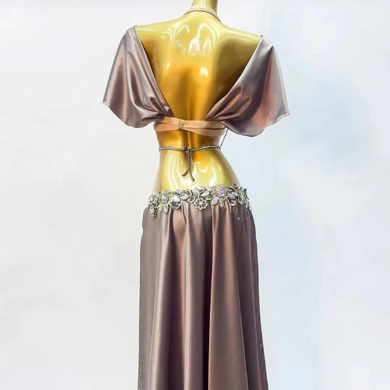 Oosterse Dansvoorstelling Kostuums Buikdanskostuum Dames Maatwerk Senior AB Stenen BH + Sexy Split Lange Rok 2 stuks