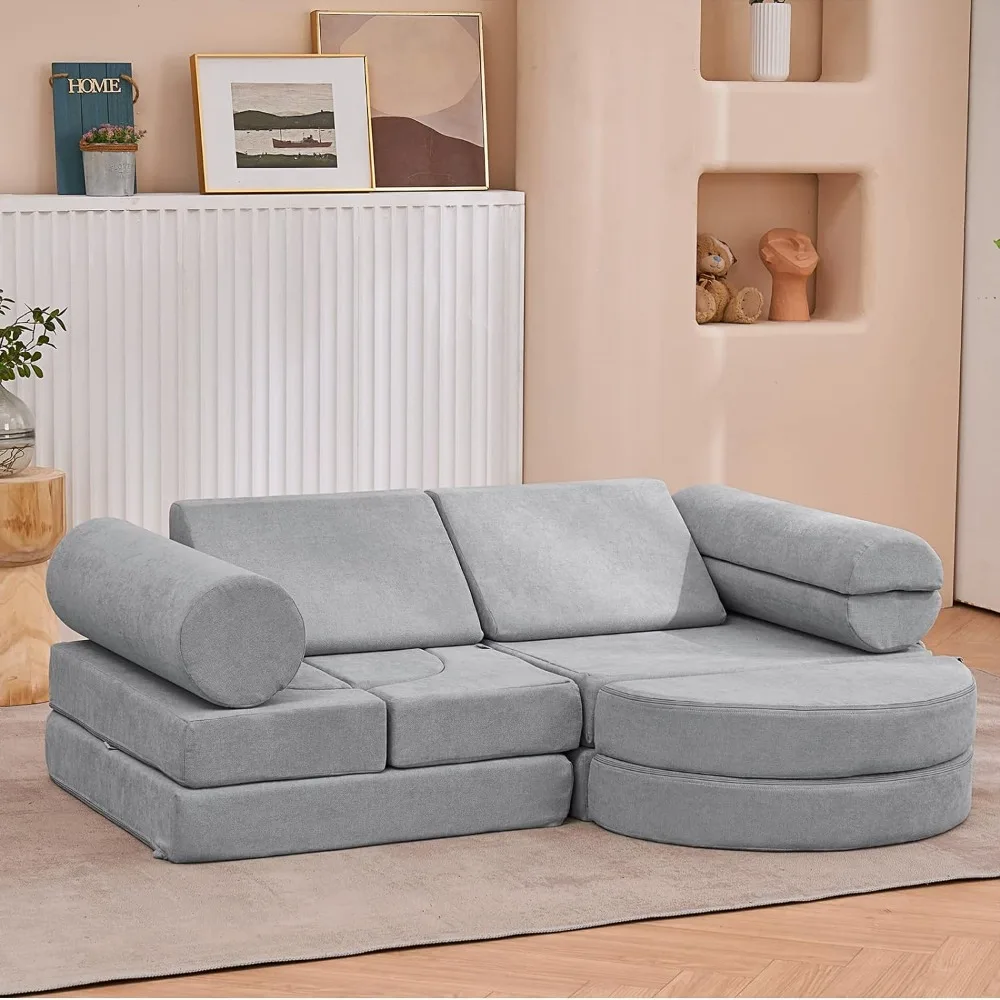 14PCS Floor Sofa Modular Furniture for Adults, Playhouse Play Set for Toddlers Babies, Moonlight Grey Foam Play Couch