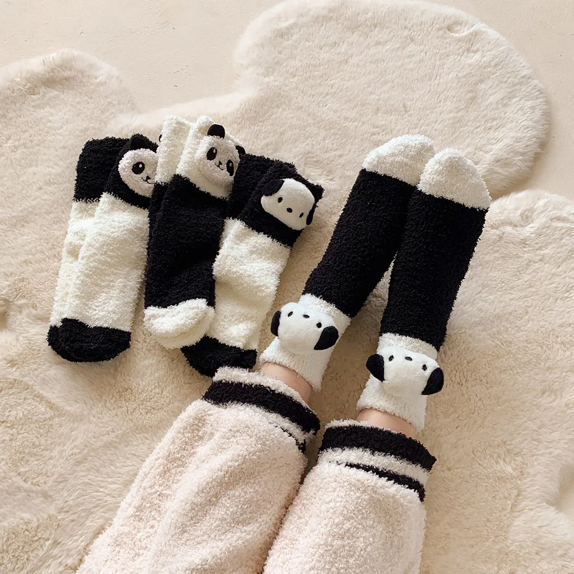 Autumn Winter Coral Velvet Socks Cute Kawaii Panda Socks for Women Girls Middle Tube Thickened Sleep Home Floor Socks