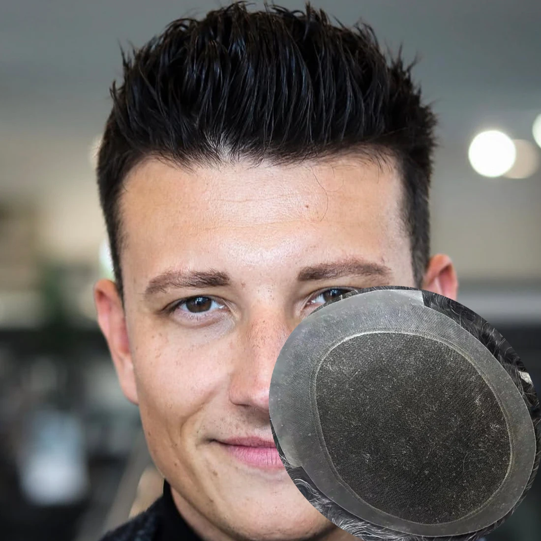 

Мужской парик из дышащего швейцарского кружева и полиуретана, темно-русый с серыми прядями, незаметный полиуретановый топпер с естественной линией роста волос, система Natural Frontline Systems