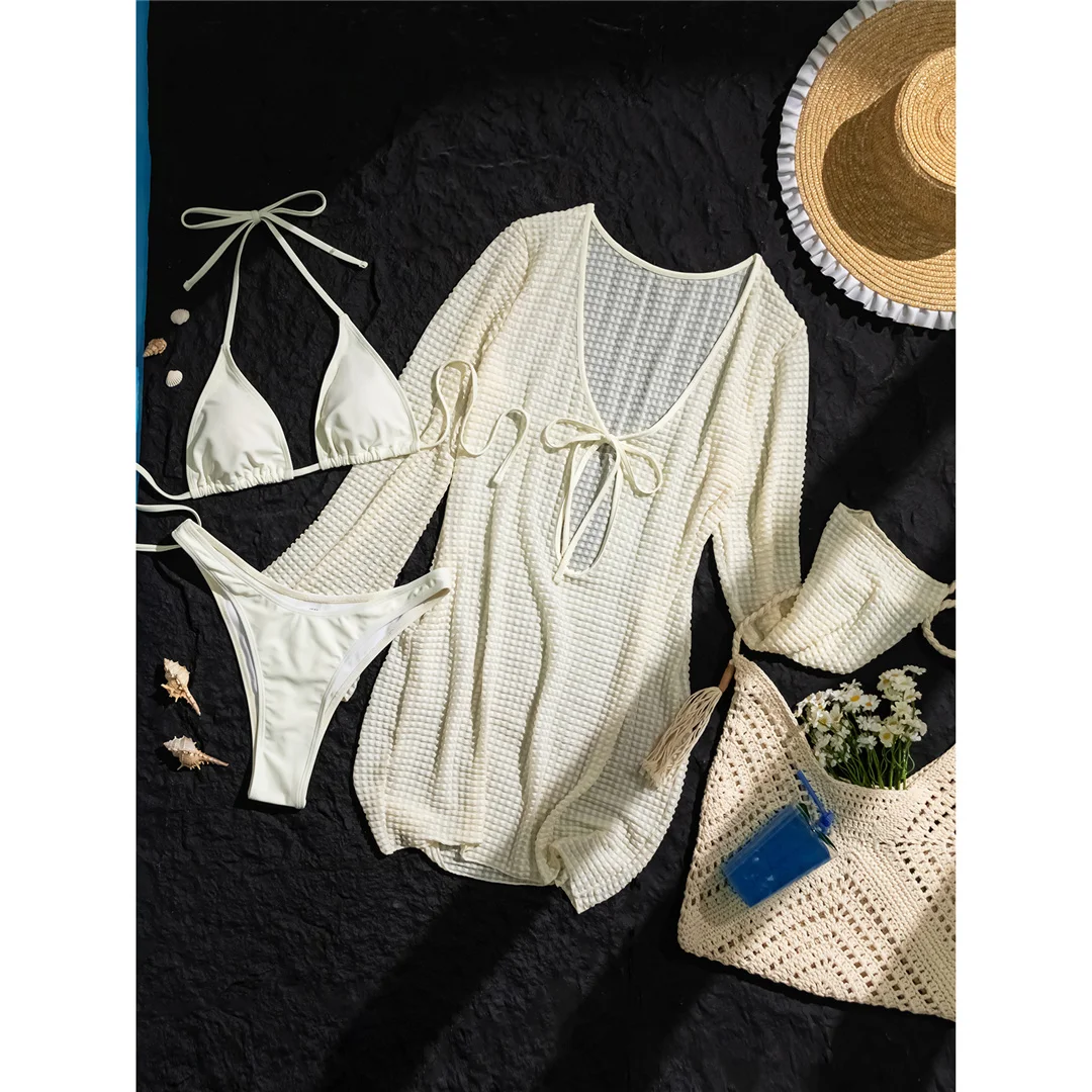 Mit langem Überwurf, Neckholder-Bikini, Damen-Badebekleidung, dreiteiliger Bikini-Set, Badeanzug, Badebekleidung, Schwimmanzug V7627 – Detail 7