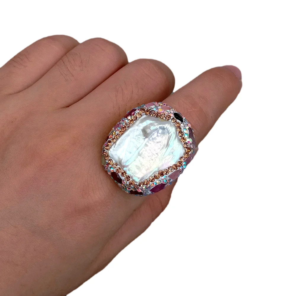 3 PCS Tourmaline cz pave Freshwater White Keshi Pearl gold plated Ring Adjustable Women Wedding Gift