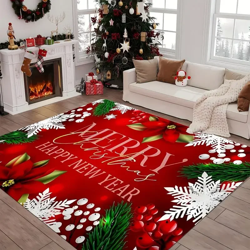VIKAMA Merry Christmas Happy New Year Poinsettia Carpet Washable Soft Plush Rug Living Room Bedroom Floor Mat Xmas Decor