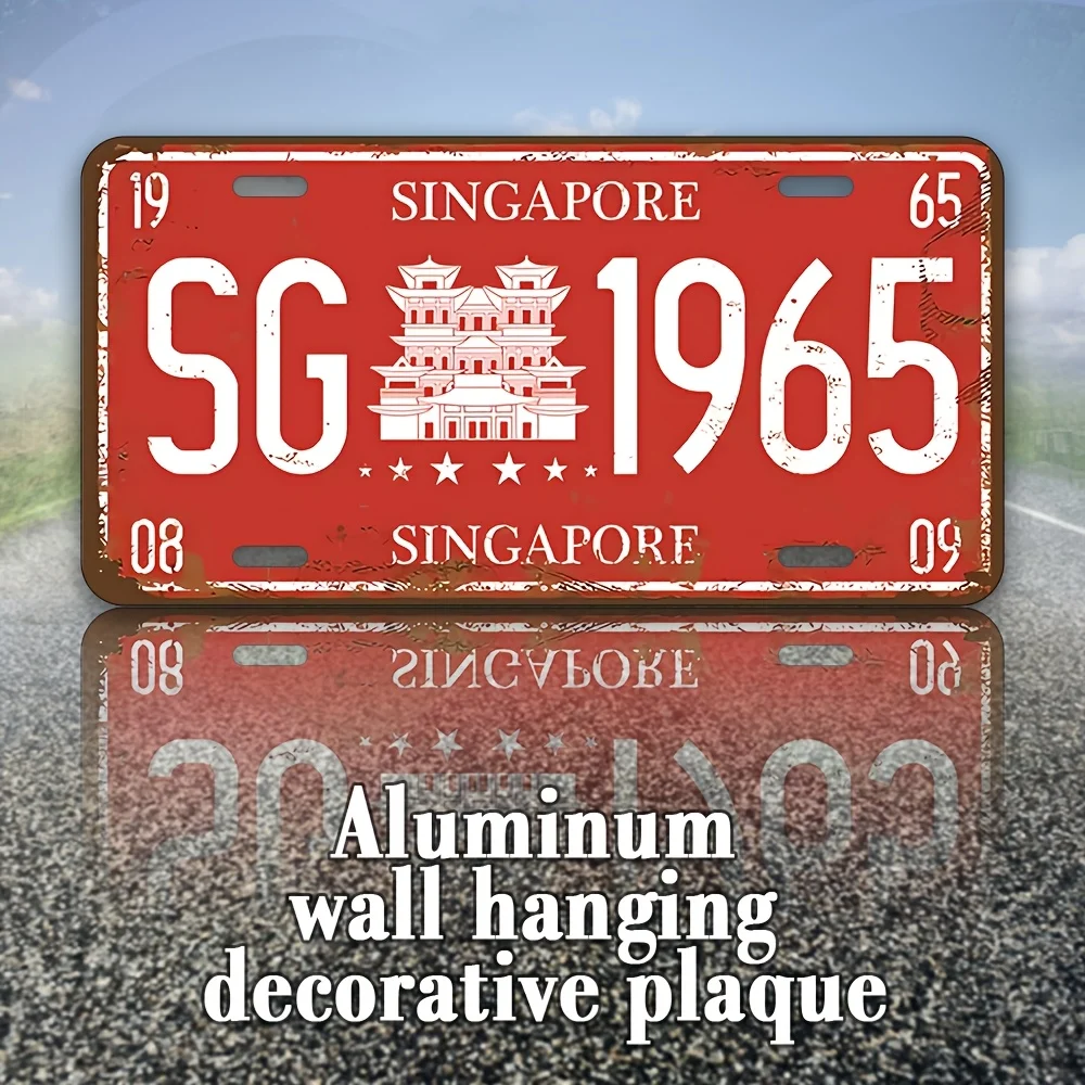 Singapore 1965 Aluminum License Plate - Rustic Wall Decor with Iconic SG Landmark Design, Faux Red Background, , Perfect for Ho