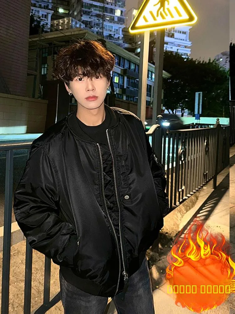 

Bla ort Cotton Jaet Men's Winter Youth Baseball Sle Thiened Warm Casual Cleanfit Zipper Closure Long Sve Coat