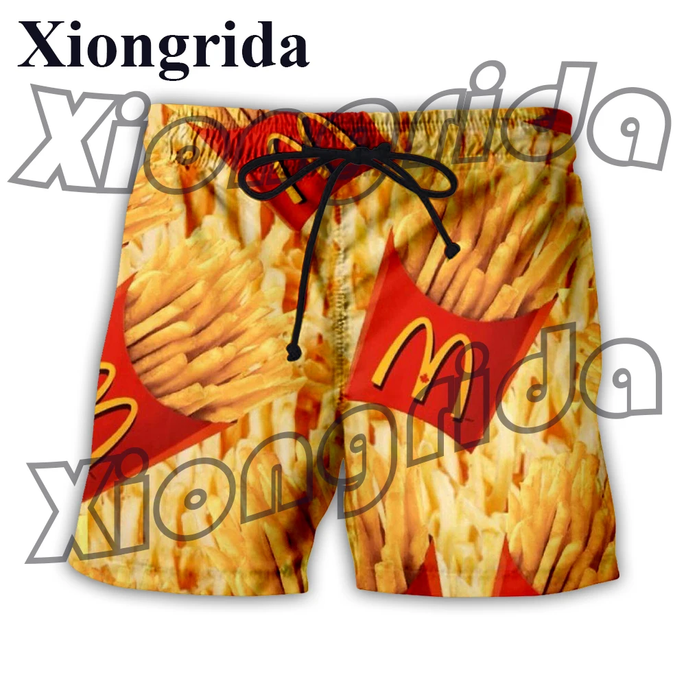 Shorts estampados com batatas fritas engraçadas, troncos 3D de cintura alta, moda masculina, calça curta casual com estampa de lanches, roupas unissex de praia do verão