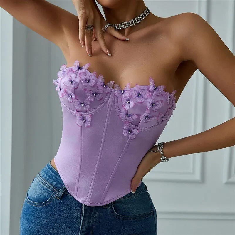 Low Cut  Print Bandeau Top Fishbone Design Cross Border Bestseller Slim Fit Short Style Versatile Women's Tube Top
