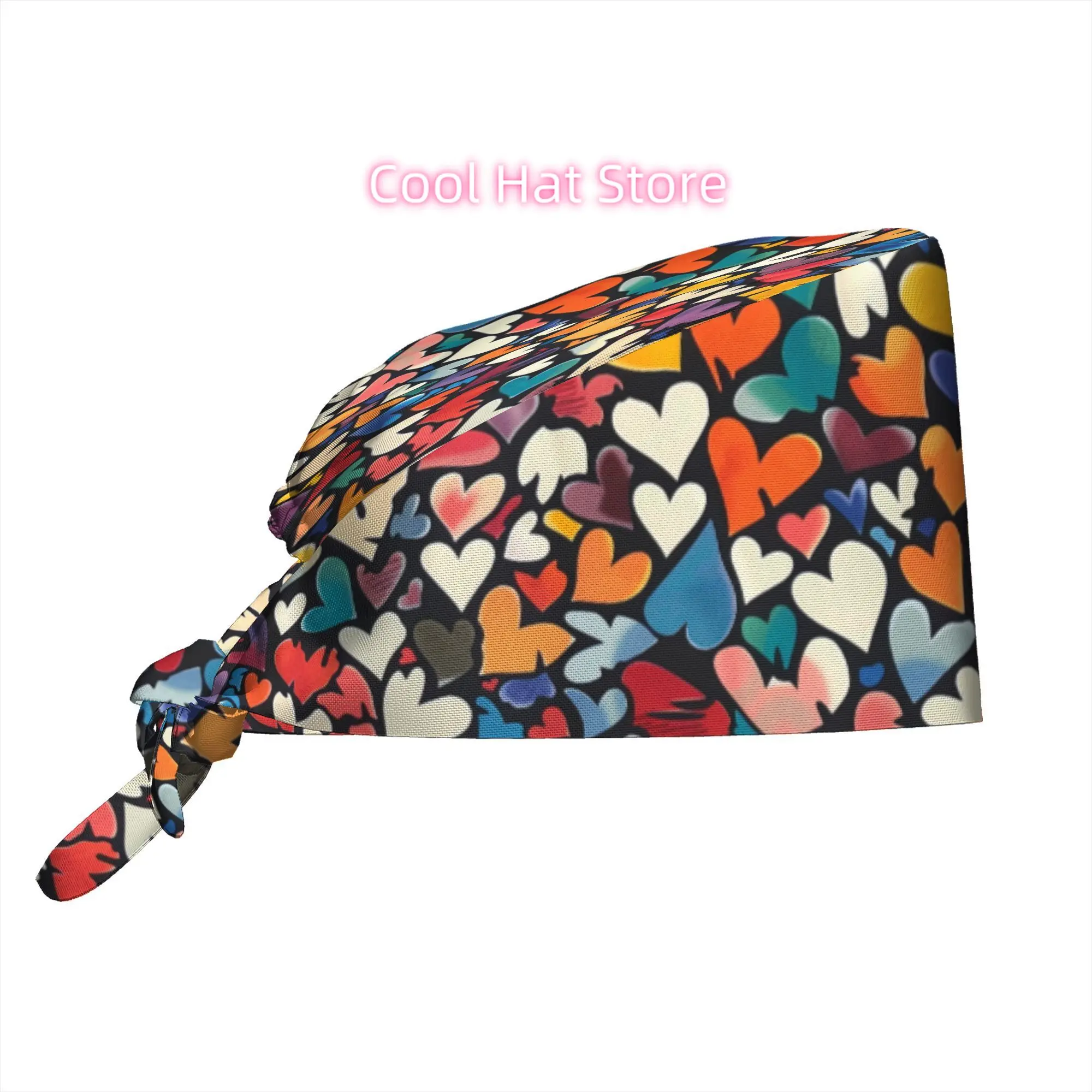 Full-page colorful heart pattern in hand-drawn graffiti style Adjustable Scrub Cap with Elastic Tie-Back - Unisex One Size Cap S