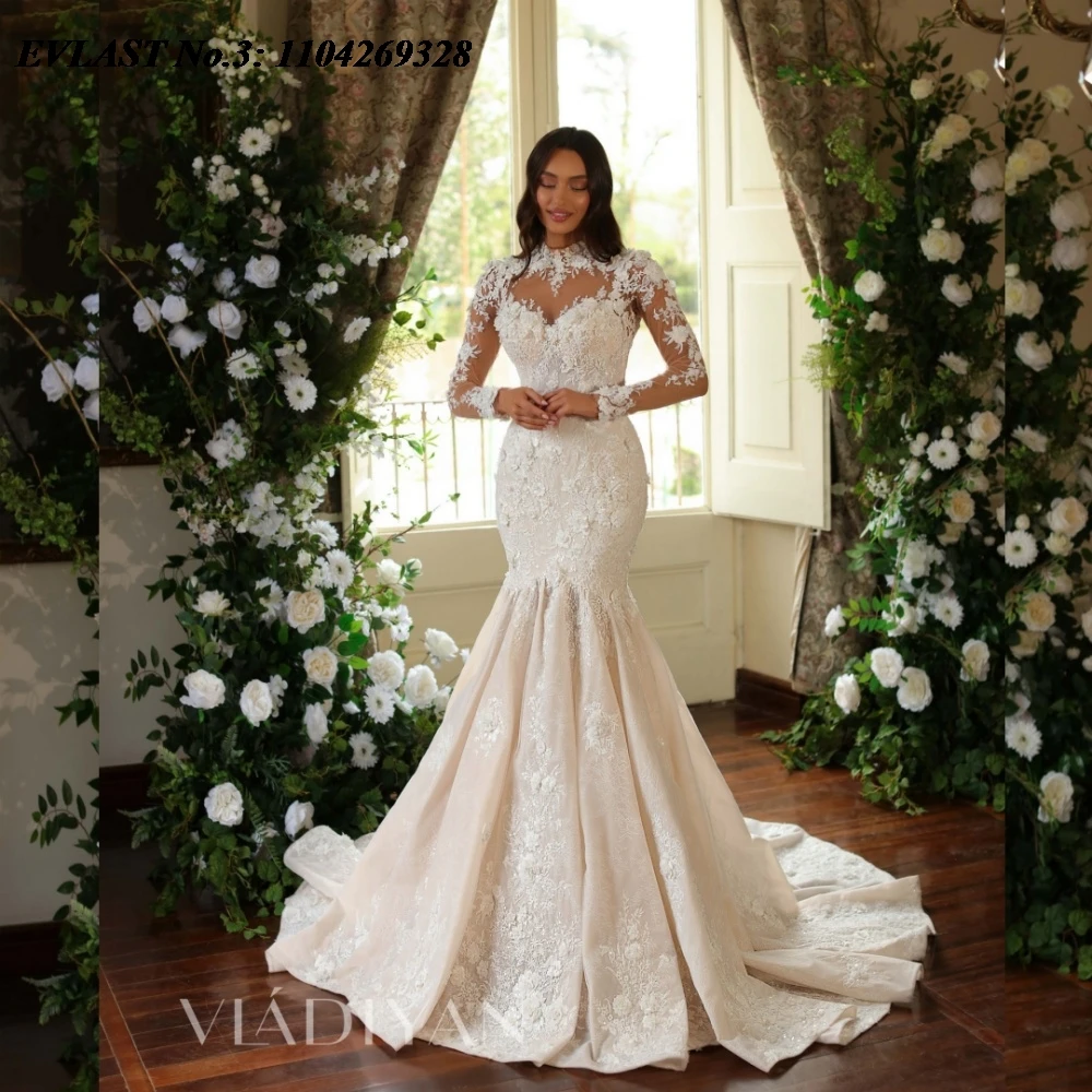 EVLAST Customized Vintage Mermaid Wedding Dress Lace Floral Applique High Neck Long Sleeve Bridal Gown Vestidos De Novia E3W47