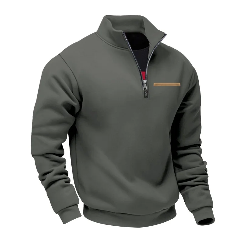 Amerikanischer Herbst- und Winter-Herrenpullover aus schwerem Fleece mit langen Ärmeln, halbem Reißverschluss, lockerem Schnitt und Stehkragen – Detail 40