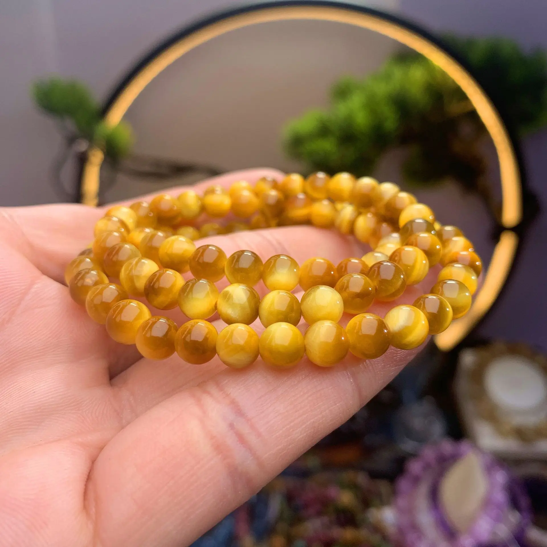 

Natural Gold Tiger's Eye Gemstone 3 Laps Bracelet Round Beads Jewelry Stretch 6mm Cat Eye Fashion Stone AAAAA