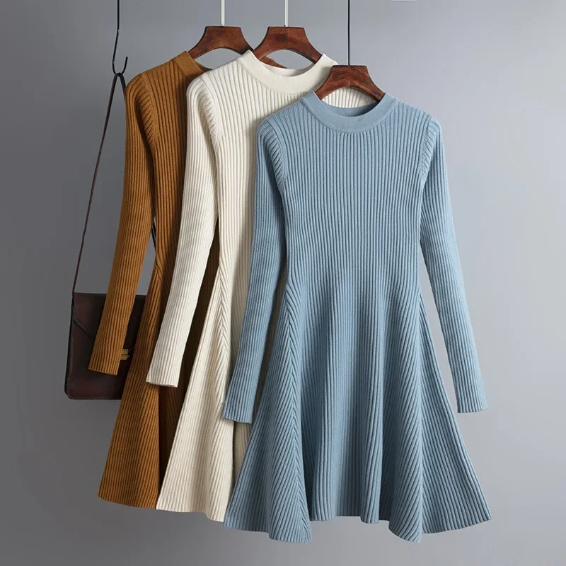 

Female Basic Autumn Winter Short Aline Thick Sweater Dress Elegant Knit Women Slim Mini Dress Female Chic Knit Dress Q191