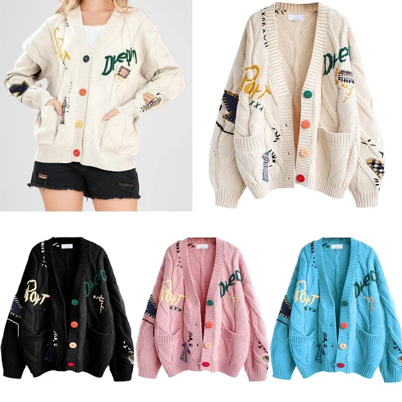 

Women Cable Knit Long Sleeve Open Front Cardigan V-Neck Button Down Embroidery Loose Ladies Sweater Spring Autumn Clothes