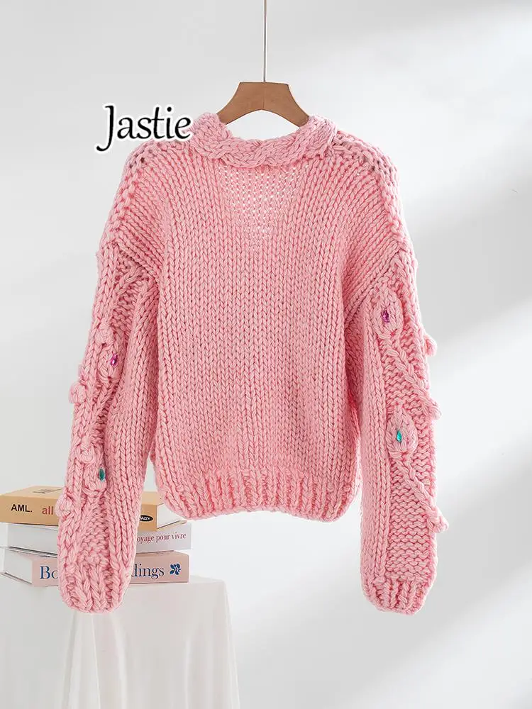 Jastie Flower Diamond V-neck Loose Long-sleeved Knitted Cardigan 2023 Autumn And Winter New Women's Clothing Sweater Cardigan