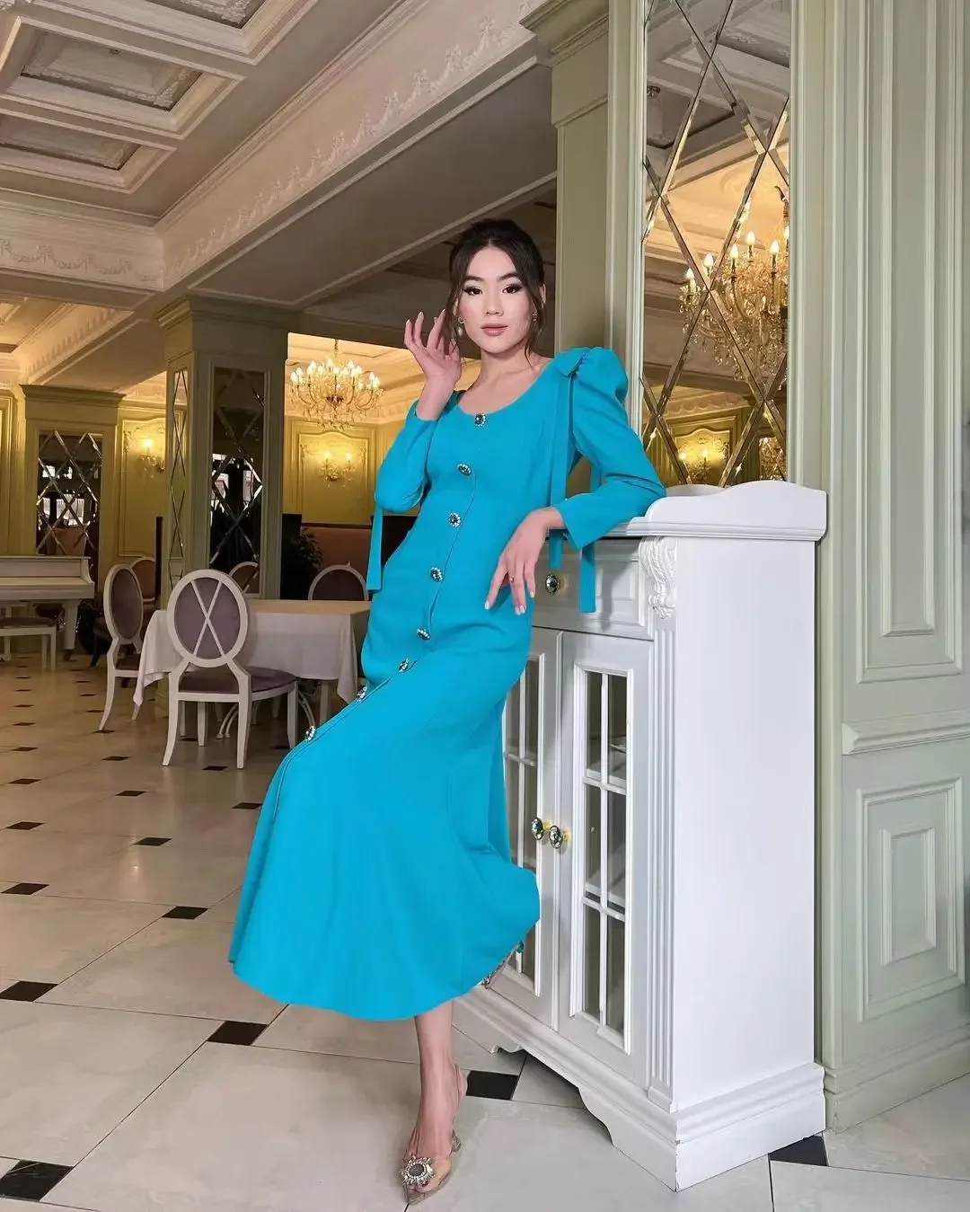 

Rhinestone Buttons Prom Dresses 2024 For Women Long Sleeves Ankle-Length Arabia Robes De Formal Occasion DressesML-092