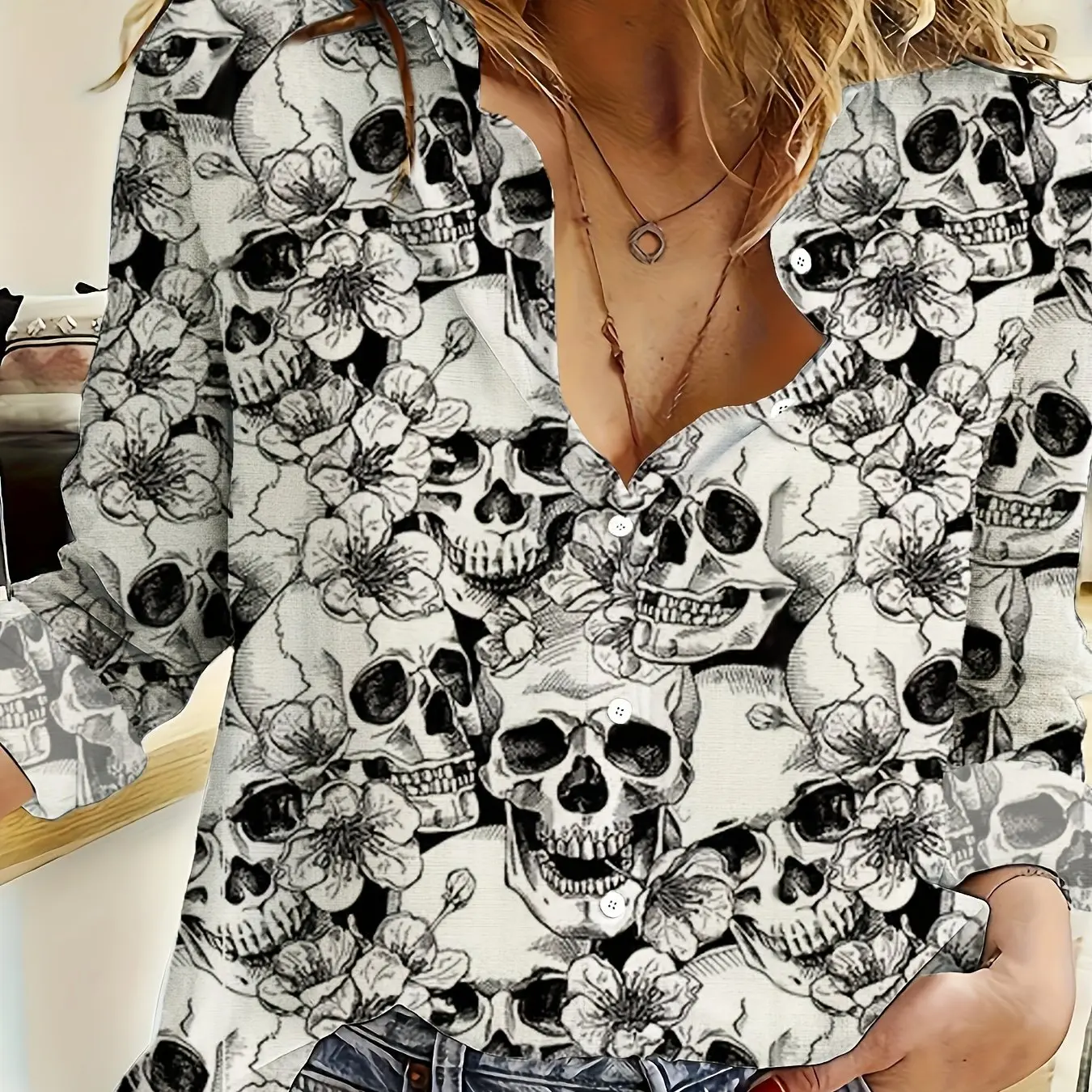 Hawaiian Skull Print Button Front Shirt, Vintage Long Sleeve Lapel Spring and Fall Clothes for Women