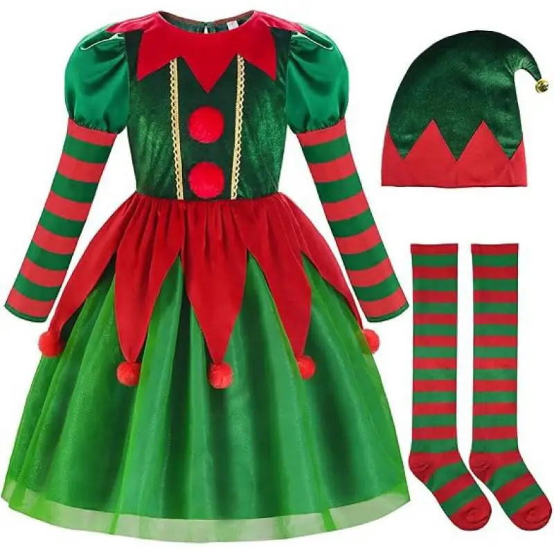 Cosplay Elf Christmas Costumes for Girls Boys Family Matching Dress Hat Socks Shoes Belt Christmas Elf Kids New Year Xmas Suits