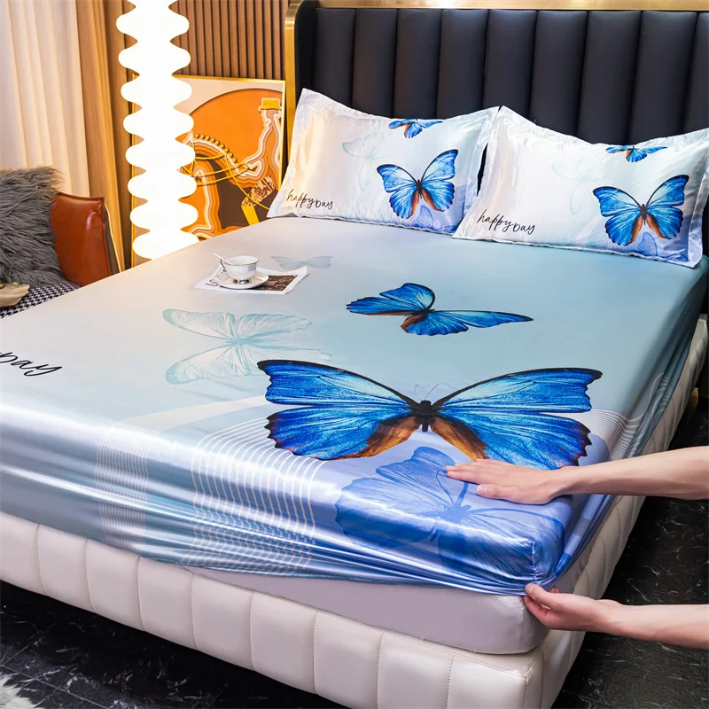 Ice Coolling Fitted Sheet Satin Bed Sheet for Double Bed Butterfly Printed Bed Cover Queen/King Bed Sheet(pillowcase need order)