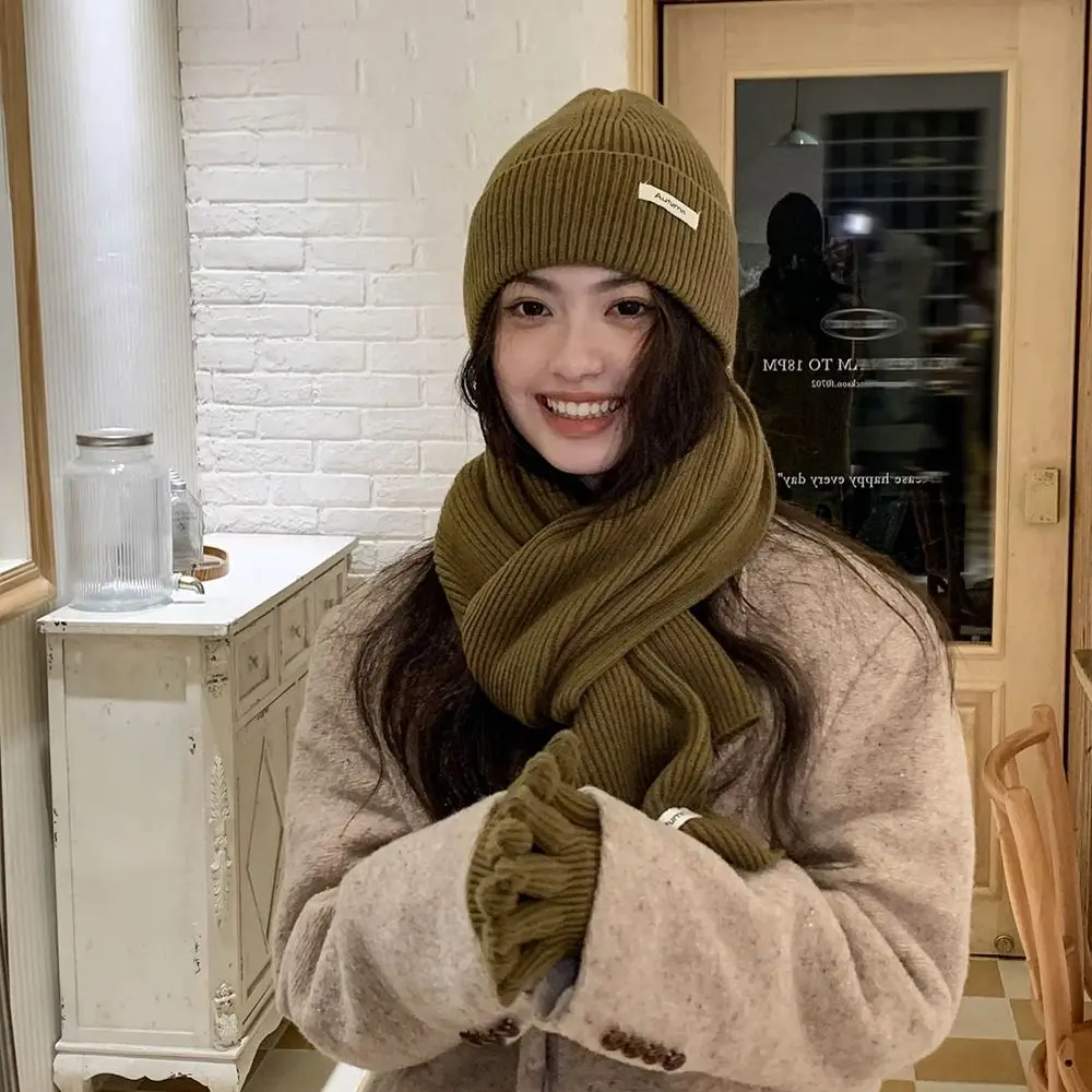 Solid Color Hat Scarf Gloves Set Warm Thicken Thermal Knit Cap Ear Protection Touch Screen Winter Beanie Hat Skiing