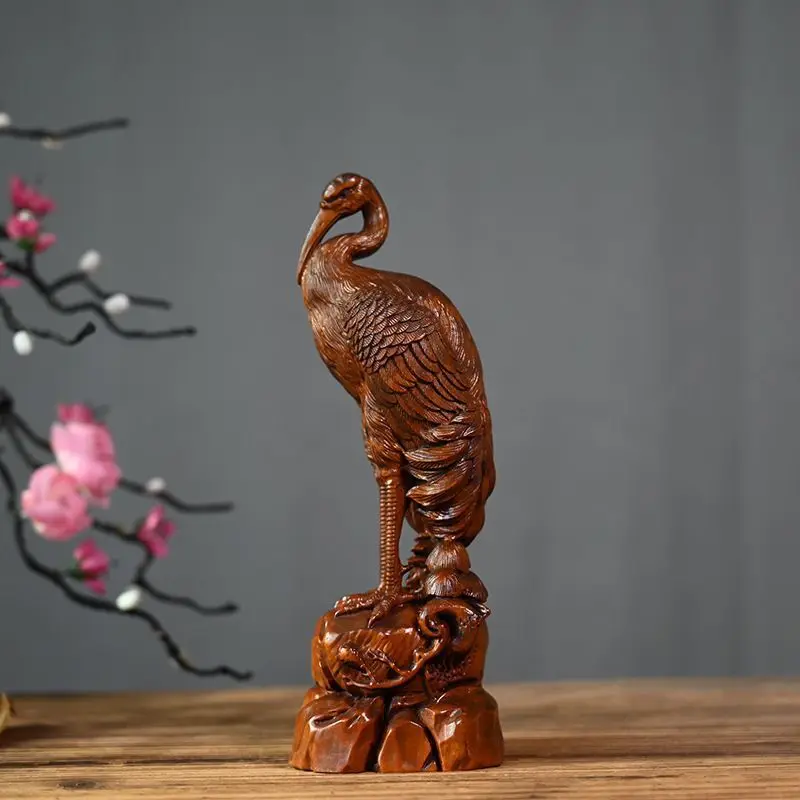Hand Carved Wood Standing crane bird Statue Figurine Desktop Ornaments Home Decoration