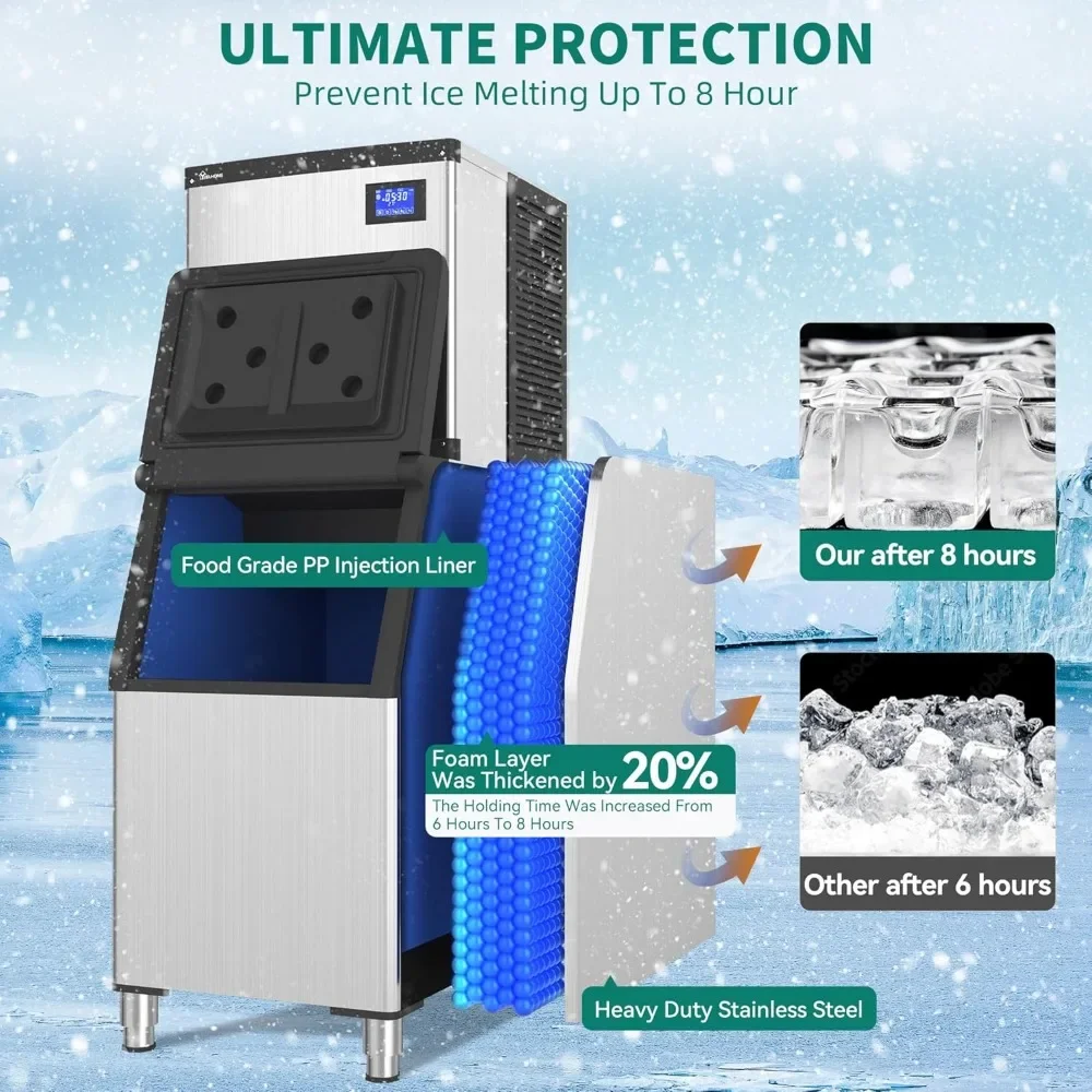 XMSJ Commercial Ice Maker Machine 400LBS/24H with 250 LBS Storage Bin, Industrial Ice Machine with Ice Scoop & Bucket