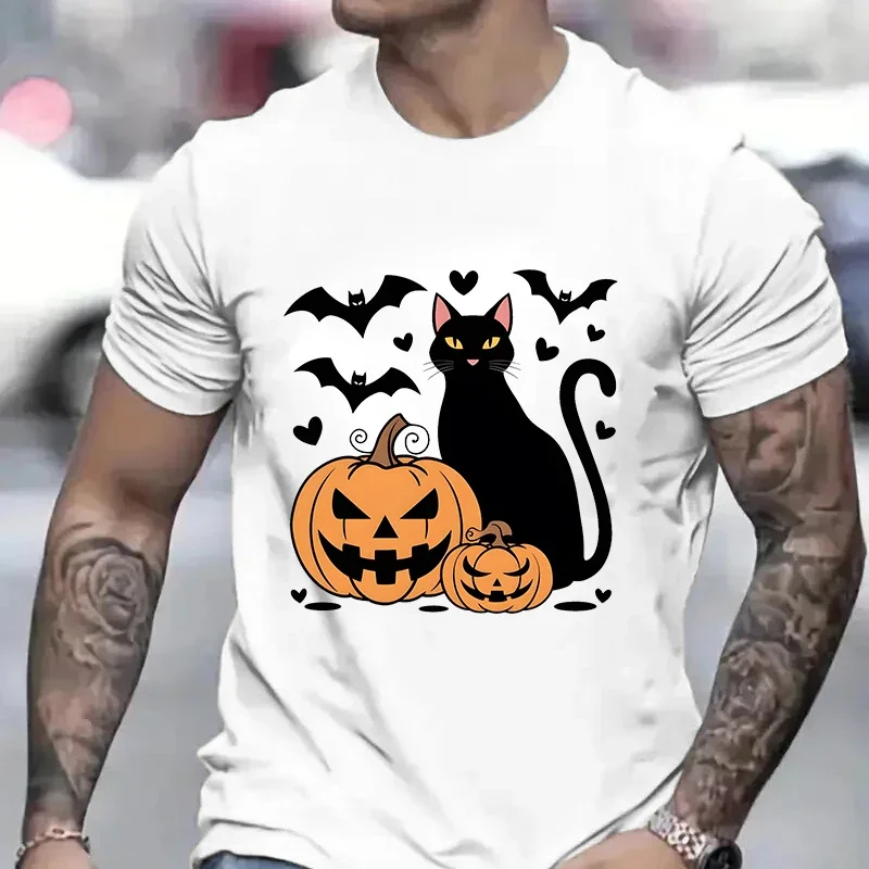 Halloween Pumpkin Cat Man T Shirt Vintage Tees Shirt O-Neck Short Sleeve T-shirt Halloween Black Cat Women Men Tops Tee Clothing