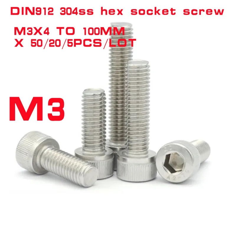 5/50pcs DIN912 Stainless Steel Hex Socket Screw M3*4 5 6 8 10 12 22 25 30 35 40 45 50 55 100mm Hexagon Socket Head Cap Bolt M3