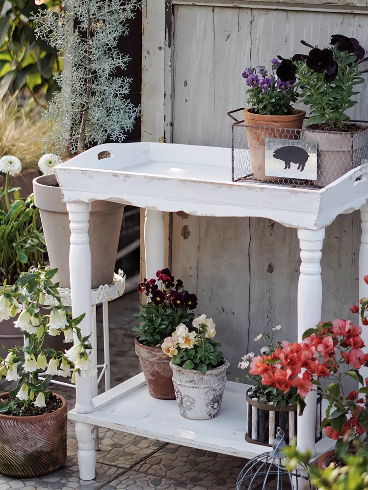 Knock down handmade shabby white wood tray table