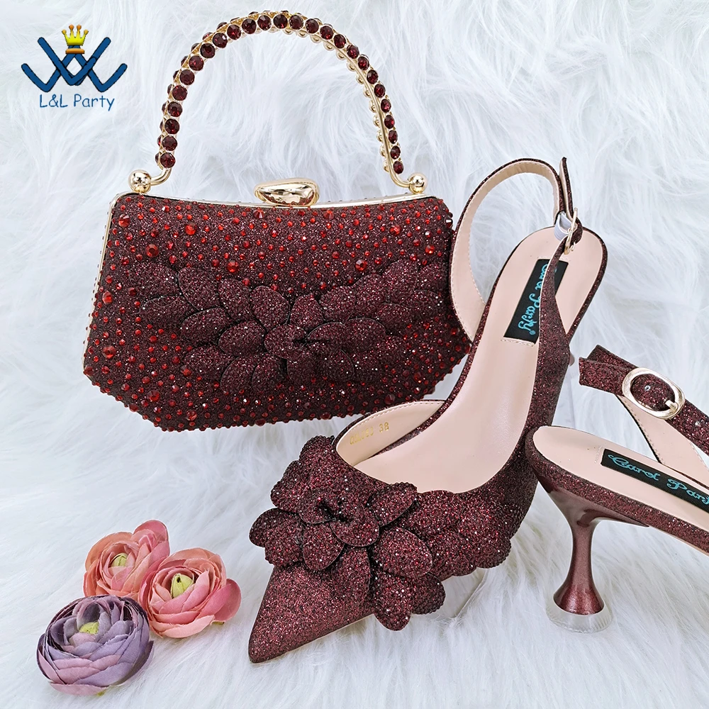 

Wine Color Sweet Style Pointed Toe Nigerian Women Shoes and Bag Set with Appliques Full Crystal for Dress