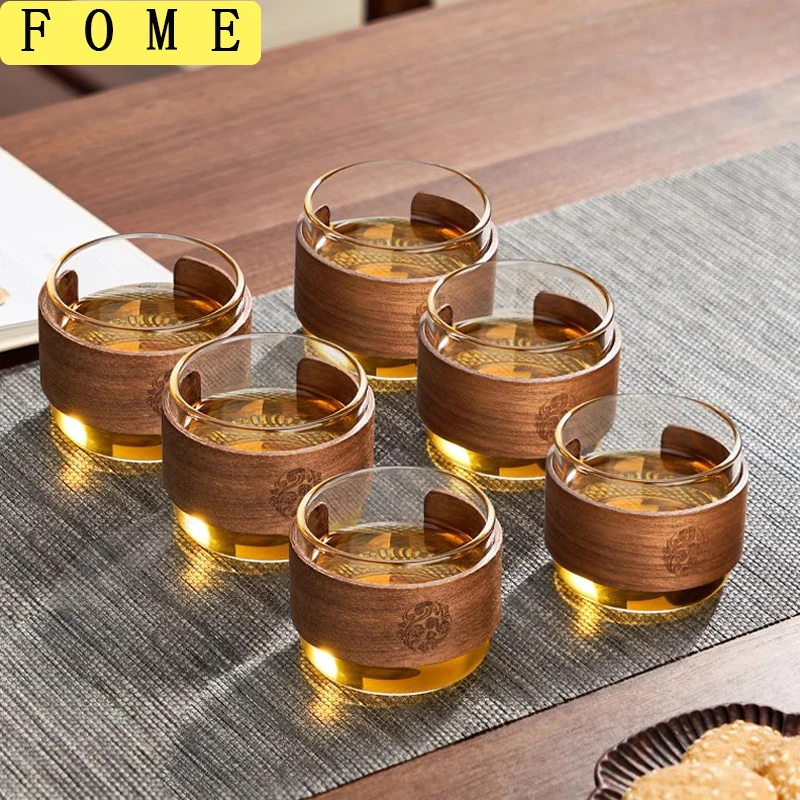 

2/4/6pcs Heat-resistant Glass Tea Cup Set With Scald Proof Wooden Holder Clear Kungfu Tea Master Cup Home Coffee Espresso Mug