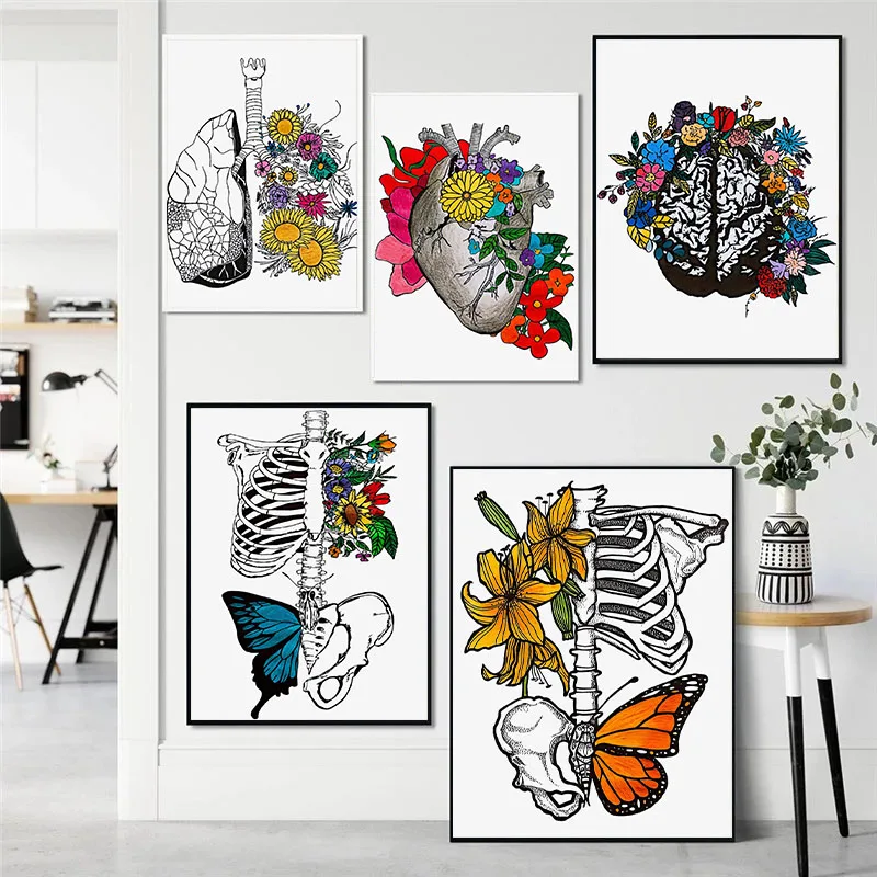 Color Flower Butterfly Anatomy Canvas Canvas Painting Brain Heart Organs Medical Training Poster Abstract Print Wall Art Image