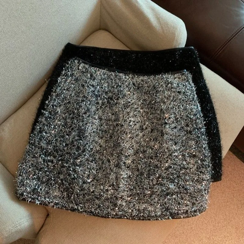 

Woolen Bright Silk Skirt 2025 Autumn and Winter New High Waist Bodycon Skirt