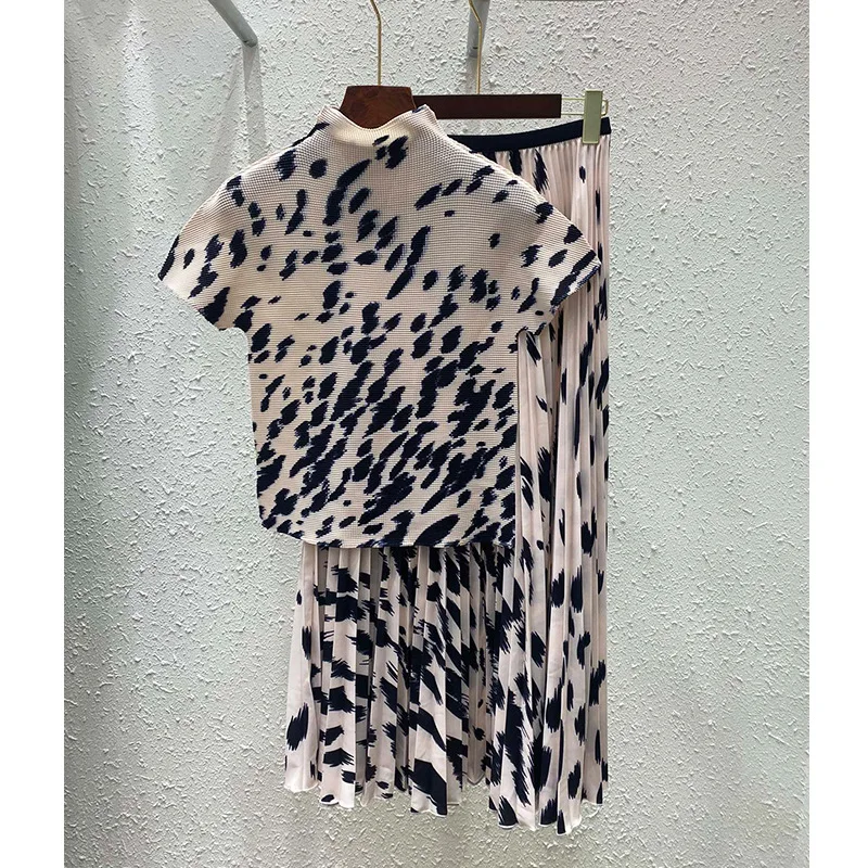 Europe Style Summer Women's High Quality Leopard Print T-shirt + Pleated Skirts Two Piece Set F154