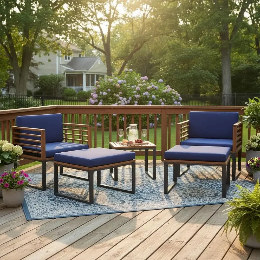 5-Piece Acacia Patio Furniture Set with Ottomans, Outdoor Seating with Cushions, Ideal for Garden, Balcony, Backyard, Navy