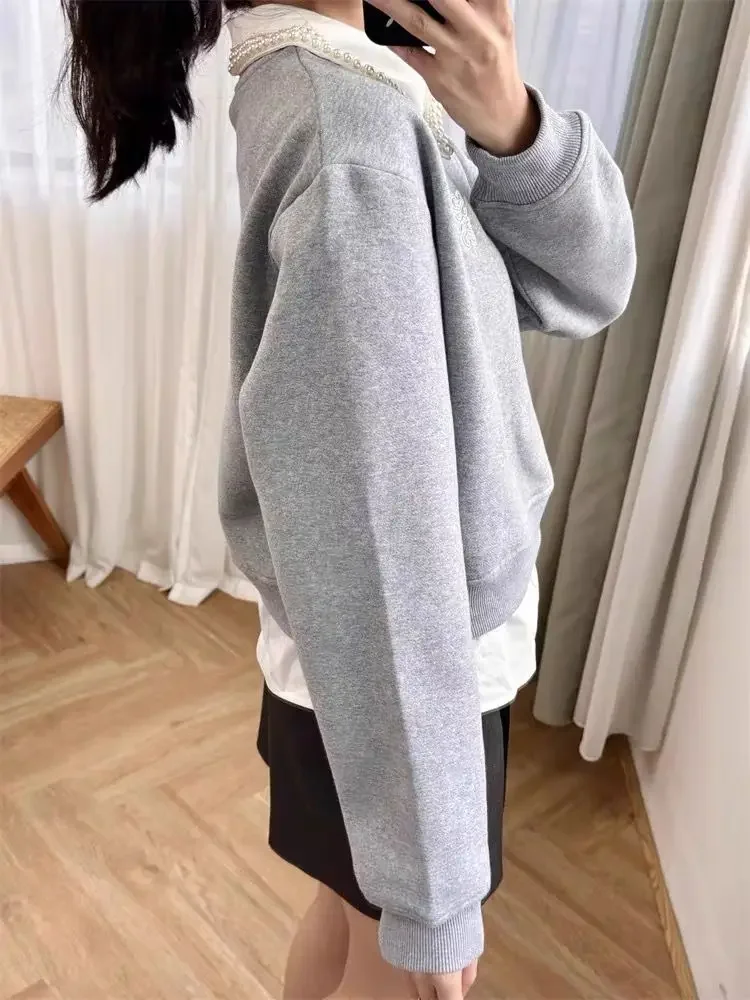 وهمية قطعتين المرأة البلوز الرمادي الديكور بدوره إلى أسفل طوق الإناث التطريز خطابات البلوز الأعلى #4