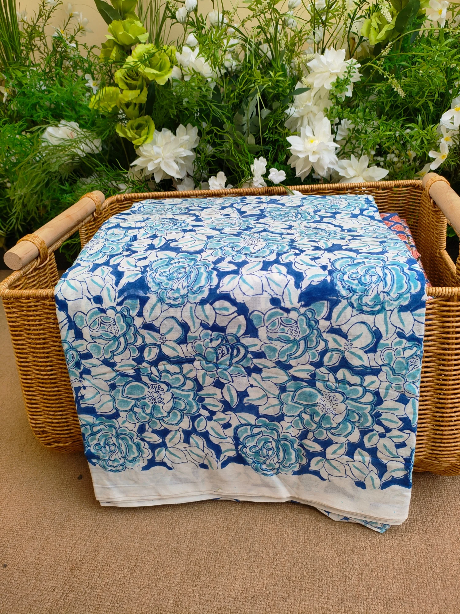 

Sustainable India hand block print Floral 100% Cotton Blue Fabric for Dress Pillow DIY Clothing Boho Home Decor Soft Fabric